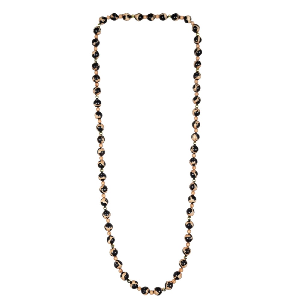 VTG 90s Leopard Print‎ Beaded Necklace 35" Beige Black Gold Tone Safari Mob Wife